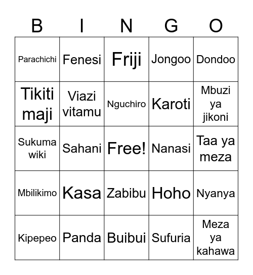 Jua Majina Ya Kiswahili Bingo Card