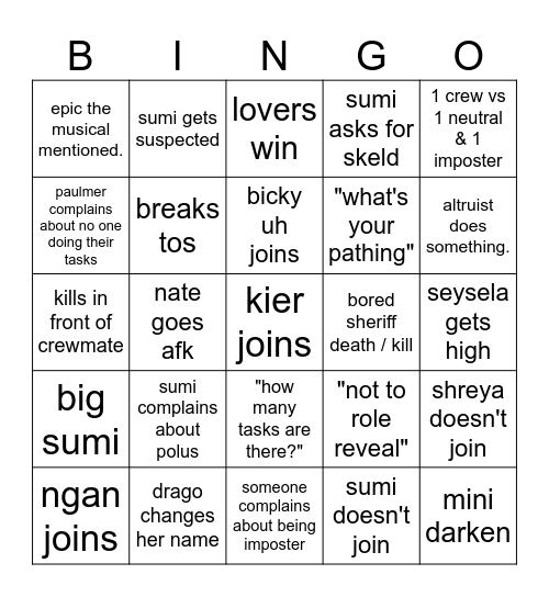 KIERS MODDED AMONG US Bingo Card