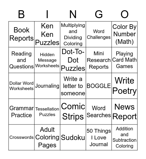 "I'm Done" BINGO- Name:______________ Bingo Card