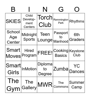 Fort Drum Youth Services Bingo Card