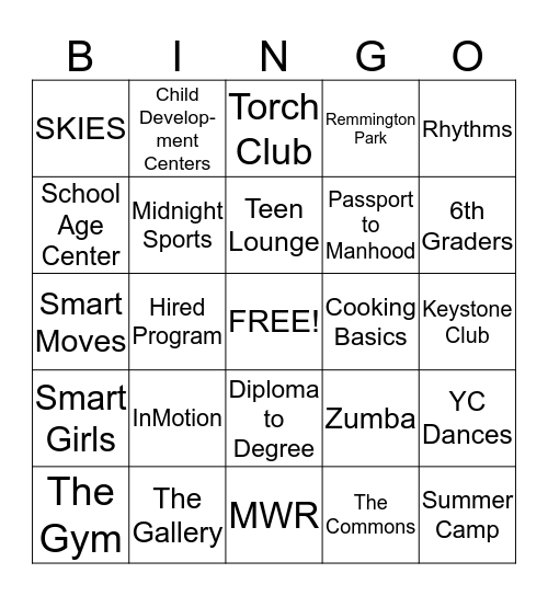 Fort Drum Youth Services Bingo Card