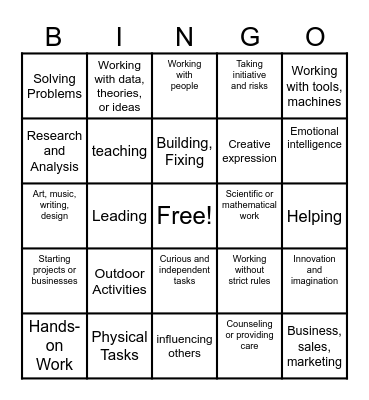 CAREER INTERESTS Bingo Card