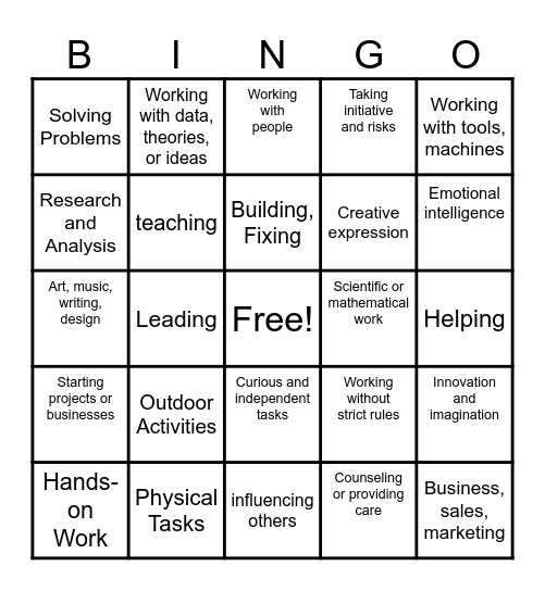CAREER INTERESTS Bingo Card