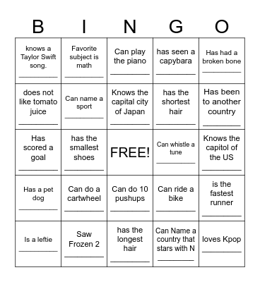 Getting to know you Bingo Card