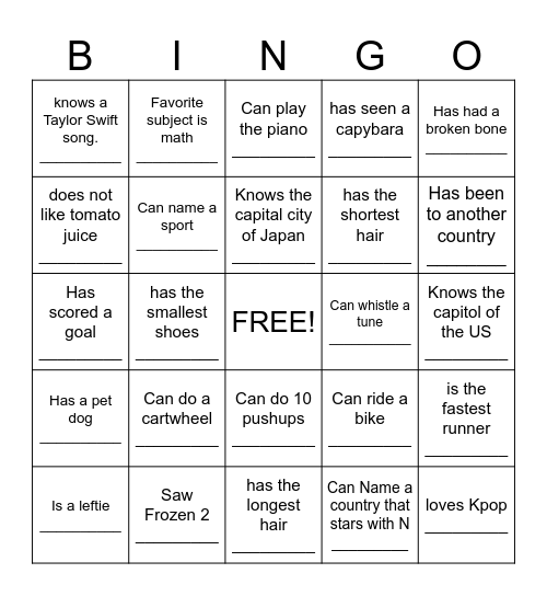 Getting to know you Bingo Card