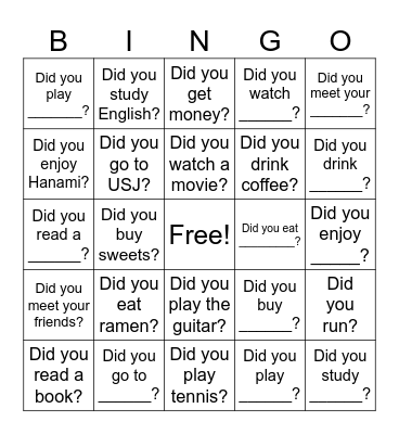 Spring Vacation Bingo Card