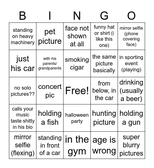 Tinder Man Bingo Card