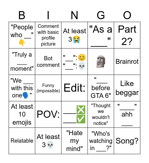 yt shorts worst comment section Bingo Card