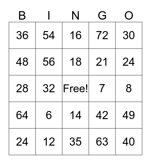Multiplication 6's, 7's, and 8's Bingo Card