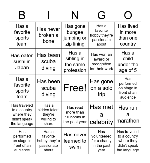 SCRA team bingo Card