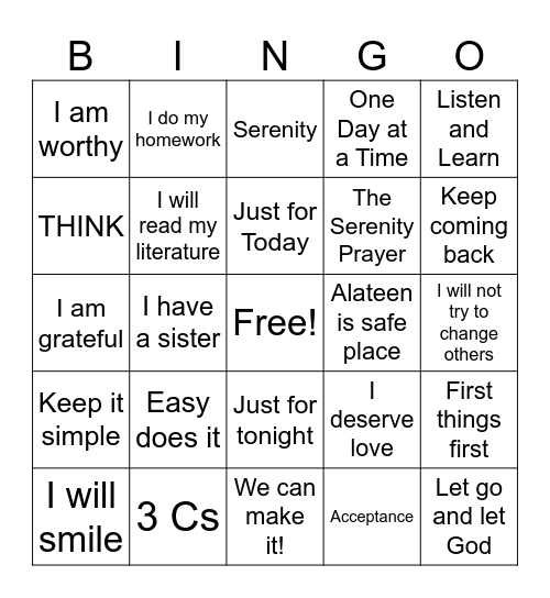 Alateen Bingo 2 Bingo Card