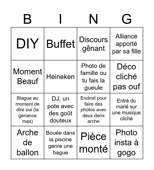 Mariage de ta sœur Bingo Card