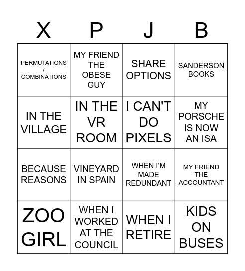 XPJ Bingo Card