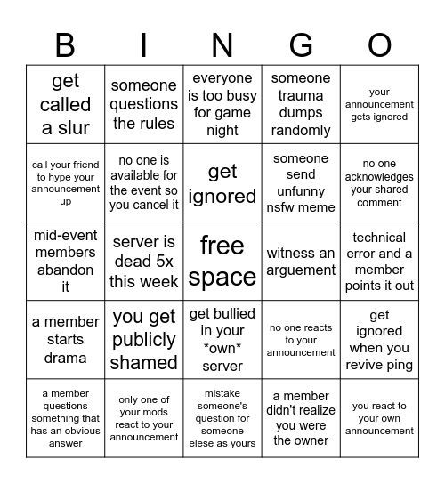 Server owner bingo Card