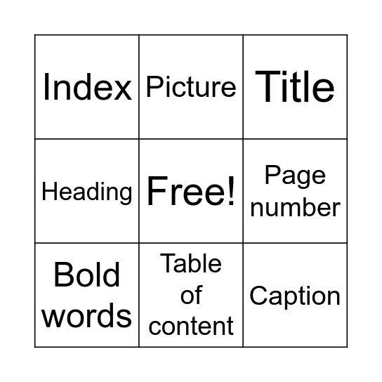 Text Feature Bingo Card