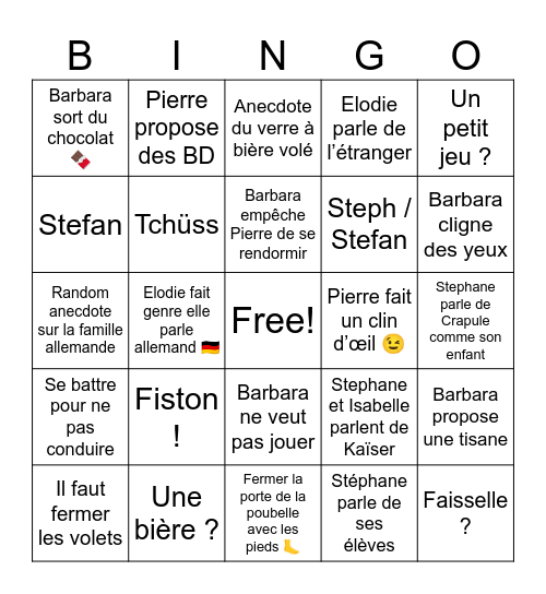 Venet Family edition Bingo Card