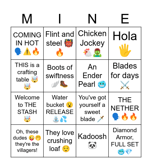 A Minecraft Movie Bingo Card