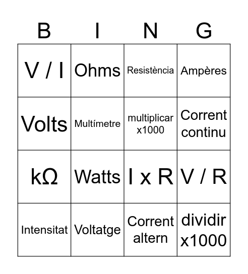 Llei d'Ohm Bingo Card