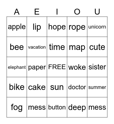 Vowel Bingo Card