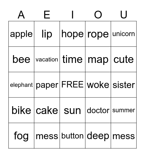 Vowel Bingo Card
