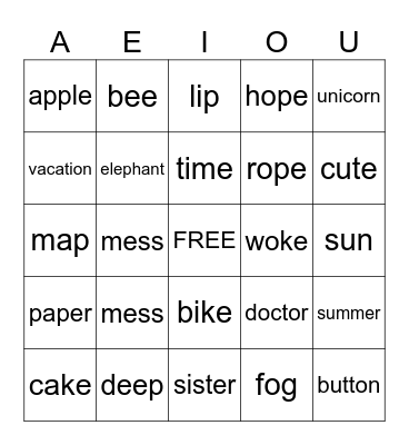 Vowel Bingo Card