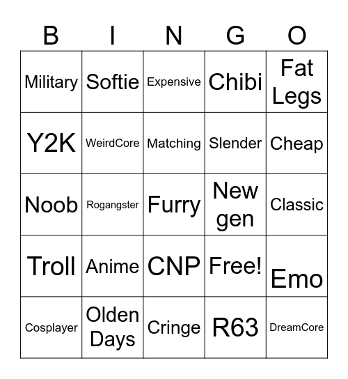 Catalog Avatar Creator BINGO Card