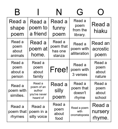 Poetry Bingo Card
