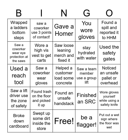 Safety Bingo Card