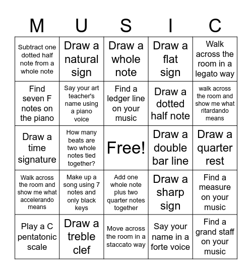 Level One and Two Bingo Card