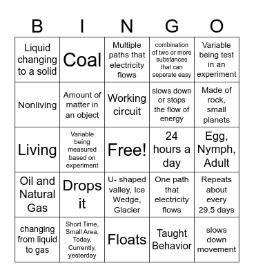 Science Review Bingo Card