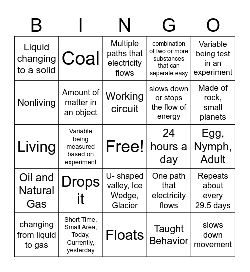 Science Review Bingo Card