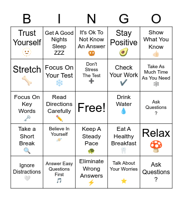 Test Taking Strategies Bingo Card