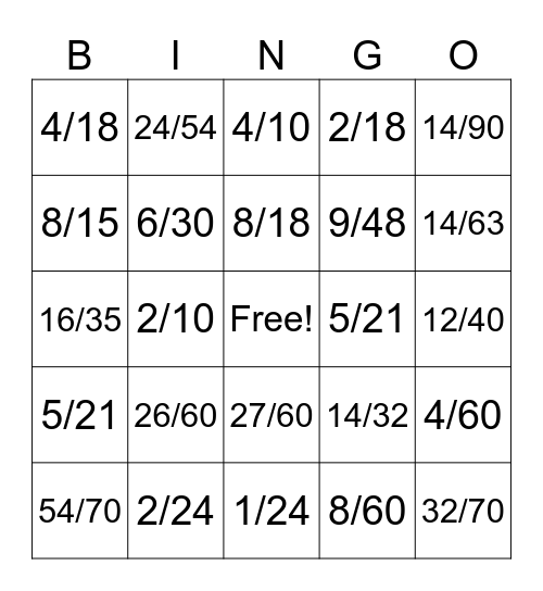 Multiplying Fractions Bingo Card