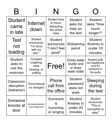 State Testing Bingo Card