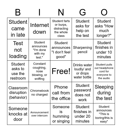 State Testing Bingo Card