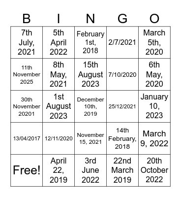 The dates Bingo Card