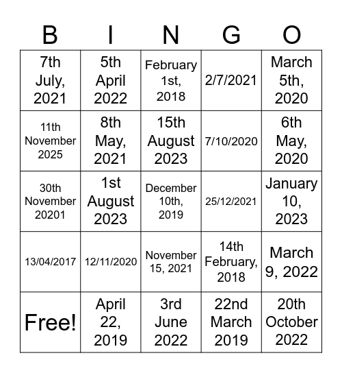 The dates Bingo Card