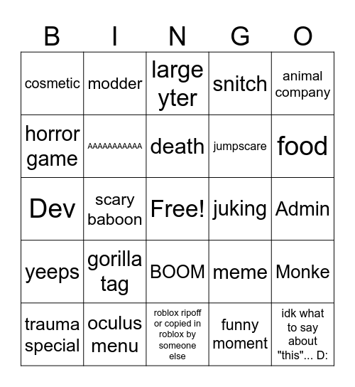 vr memes (animal company, scary baboon, gorilla tag, and yeep Bingo Card