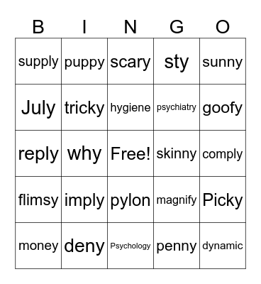 Words ending in Y Bingo Card