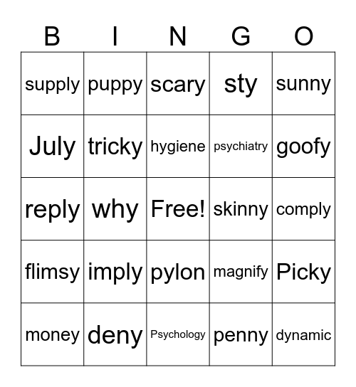 Words ending in Y Bingo Card