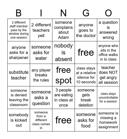 8B Bingo Card