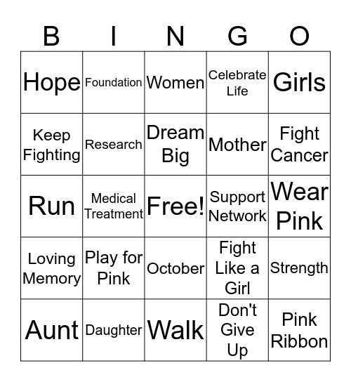 Breast Cancer Awarness Bingo Card