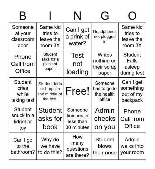 State Testing BINGO Card