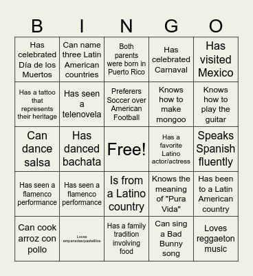 Hispanic Latin Belonging Bingo Card