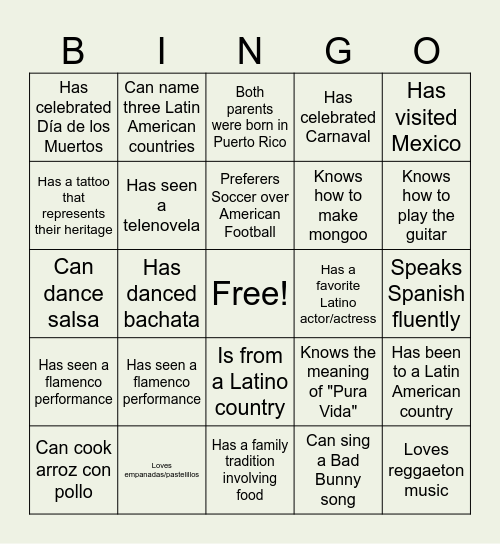 Hispanic Latin Belonging Bingo Card