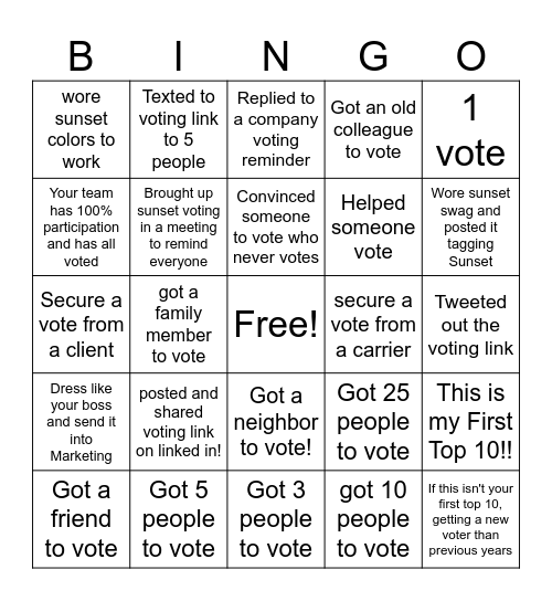 Sunset Top 10 Voting Bingo Card