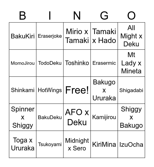 MHA Ships Bingo Card