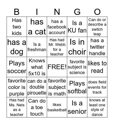Dance Team BINGO Card