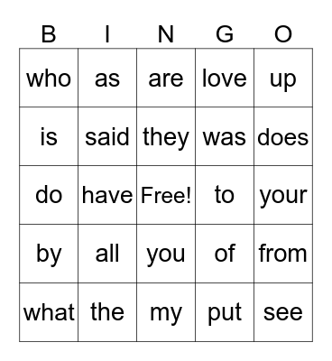 Sight Words Bingo Card