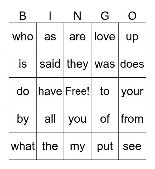 Sight Words Bingo Card